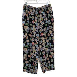 Vintage Postage Stamp Pants Womens Size 1X Black Travel Drawstring Pull On